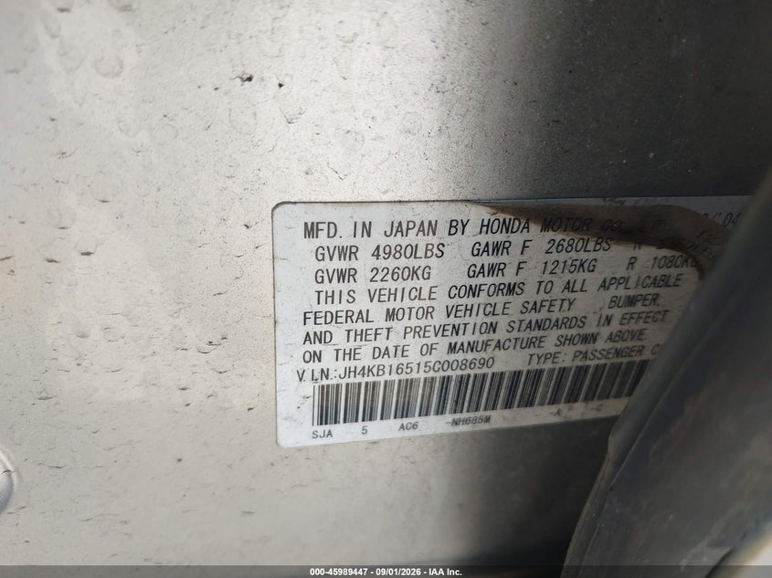 ACURA RL 2005 VIN JH4KB16515C008690