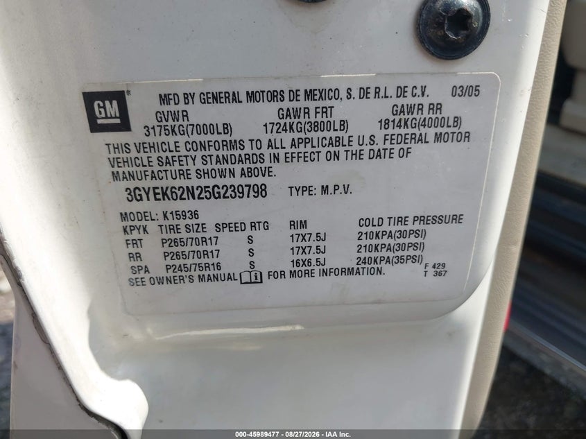 CADILLAC ESCALADE EXT 2005 VIN 3GYEK62N25G239798