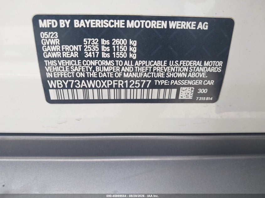 BMW I4 2023 VIN WBY73AW0XPFR12577