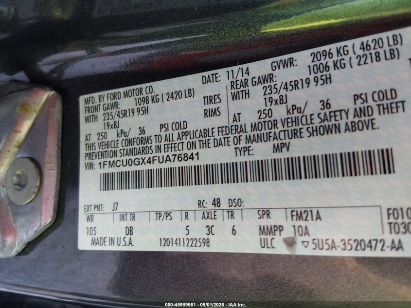 2015 FORD ESCAPE SPORT UTILITY VEHICLE 1.6L I-4 DI, DOHC, VVT, TURBO, 173HP