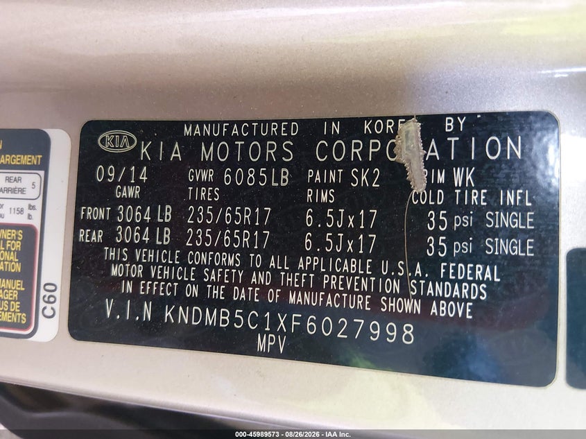 KIA SEDONA 2015 VIN KNDMB5C1XF6027998