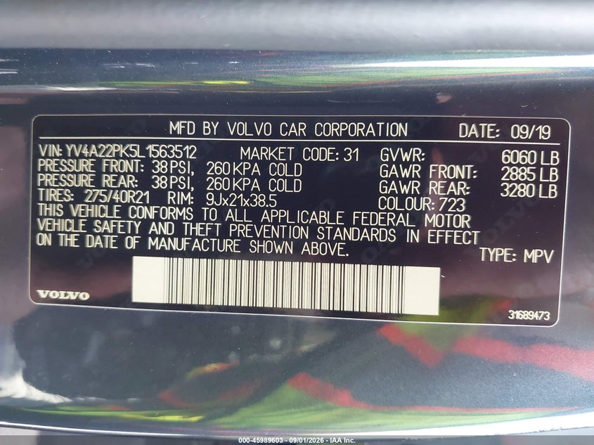 VOLVO XC90 2020 VIN YV4A22PK5L1563512