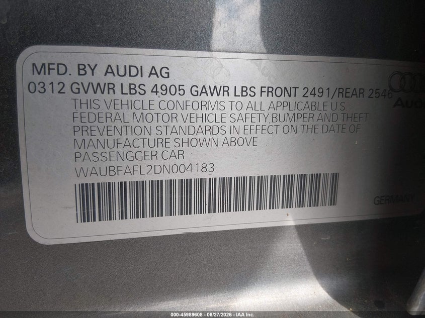 AUDI A4 2013 VIN WAUBFAFL2DN004183