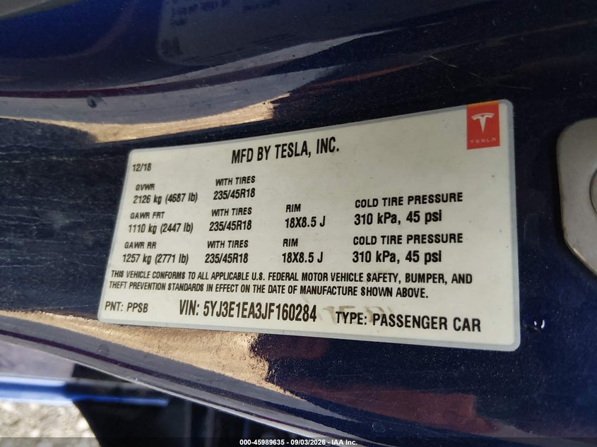 TESLA MODEL 3 2018 VIN 5YJ3E1EA3JF160284