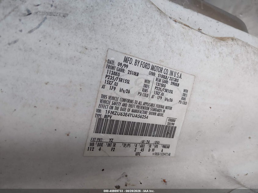 FORD EXPLORER 2000 VIN 1FMZU63E4YUA56254