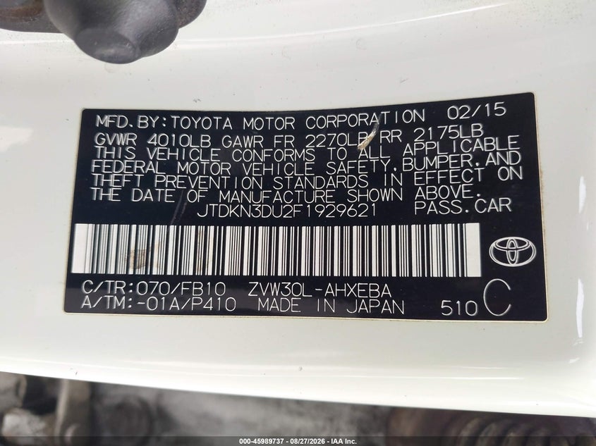 TOYOTA PRIUS 2015 VIN JTDKN3DU2F1929621
