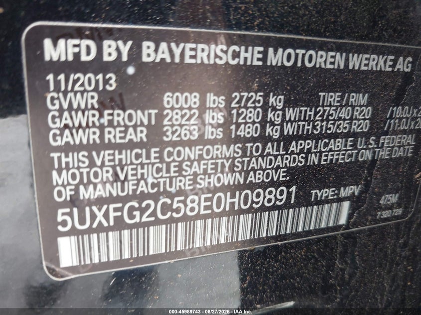 BMW X6 2014 VIN 5UXFG2C58E0H09891