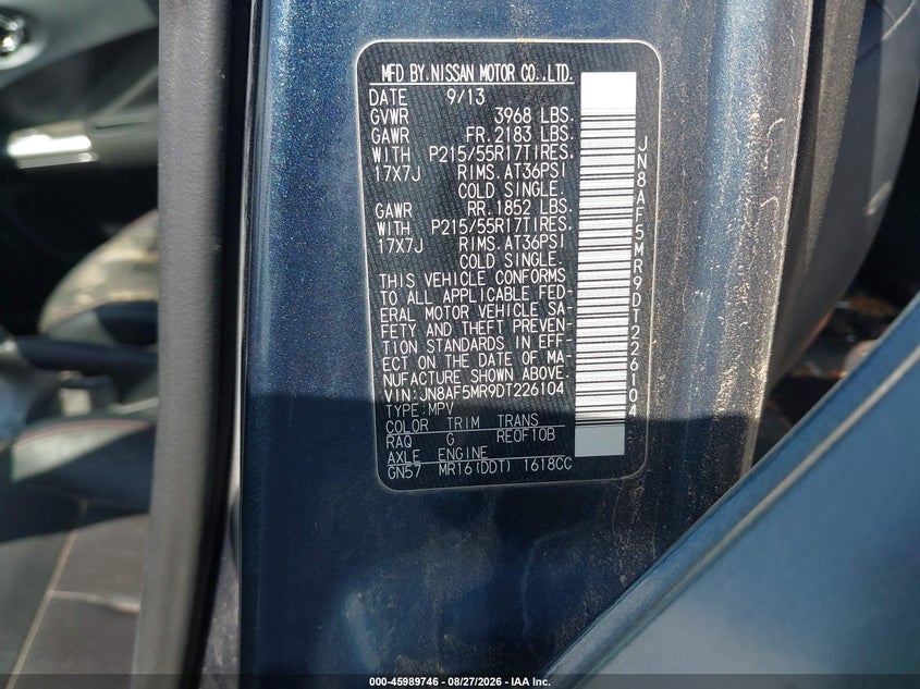 NISSAN JUKE 2013 VIN JN8AF5MR9DT226104