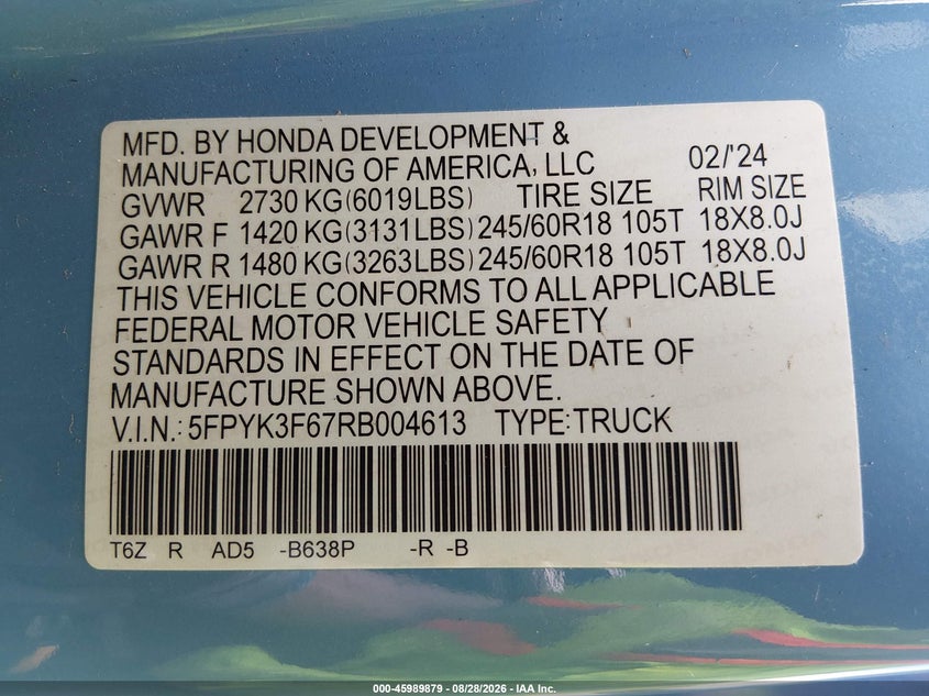 HONDA RIDGELINE 2024 VIN 5FPYK3F67RB004613