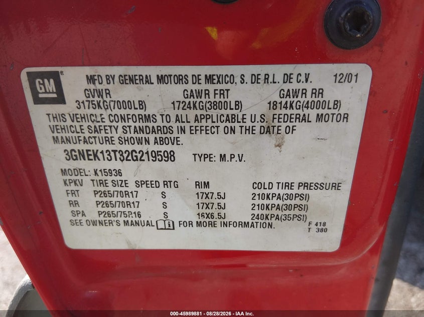 CHEVROLET AVALANCHE 1500 2002 VIN 3GNEK13T32G219598