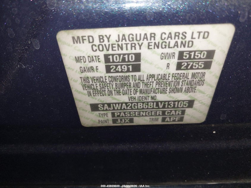 JAGUAR XJ 2011 VIN SAJWA2GB6BLV13105