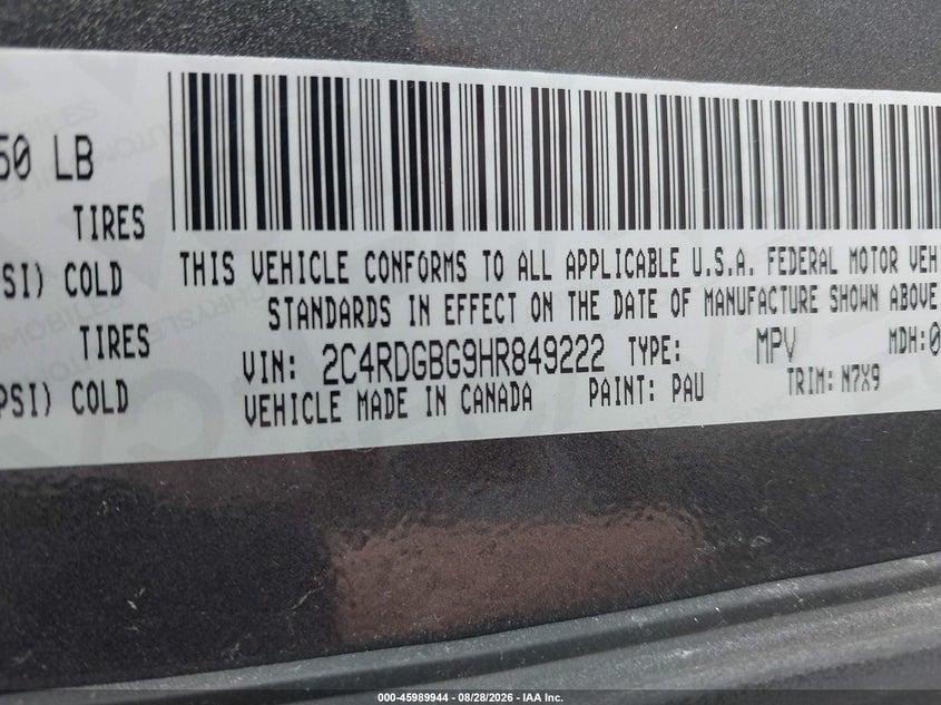 DODGE GRAND CARAVAN 2017 VIN 2C4RDGBG9HR849222