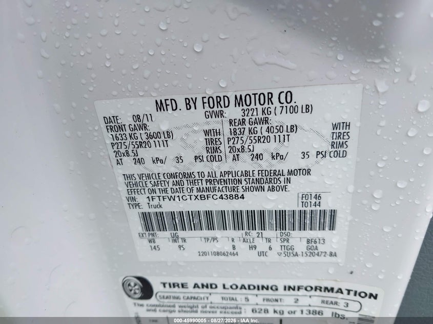 2011 FORD F-150 PICKUP 3.5L V6 FI DOHC 24V NF4