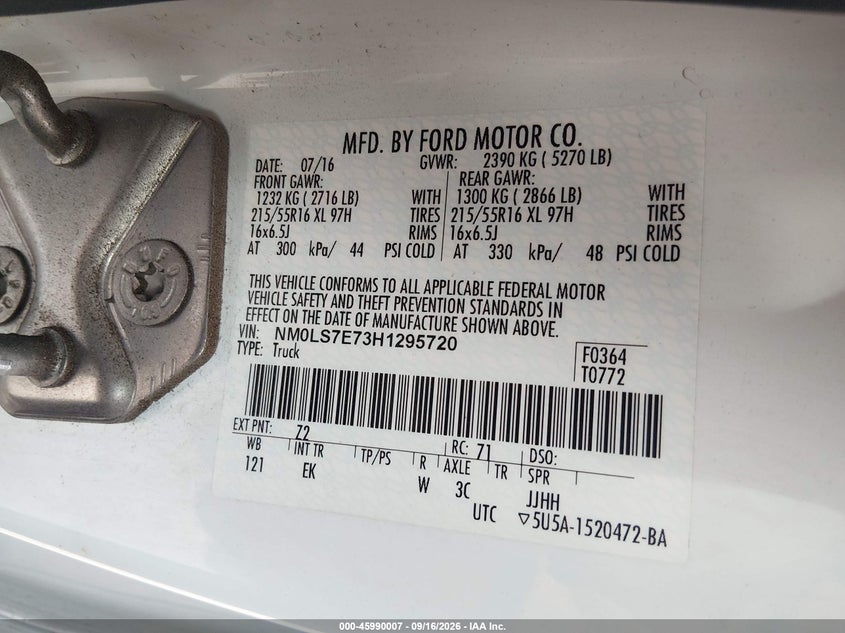 FORD TRANSIT CONNECT 2017 VIN NM0LS7E73H1295720