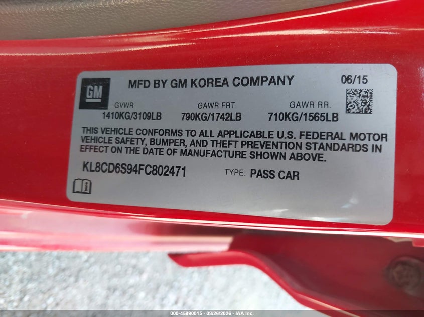 CHEVROLET SPARK 2015 VIN KL8CD6S94FC802471