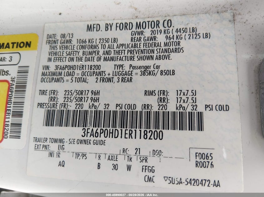 FORD FUSION 2014 VIN 3FA6P0HD1ER118200