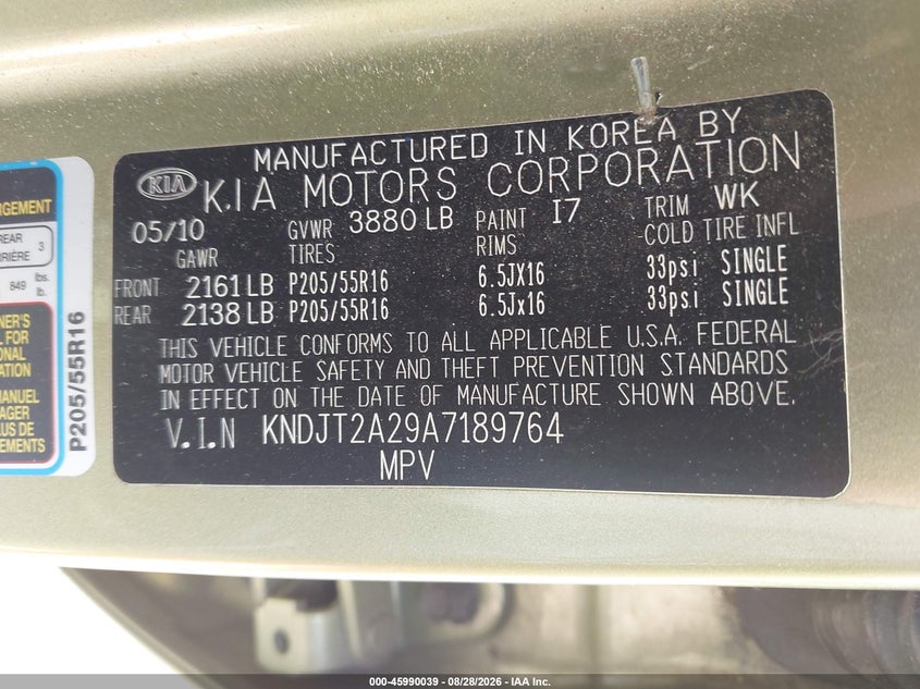 KIA SOUL 2010 VIN KNDJT2A29A7189764