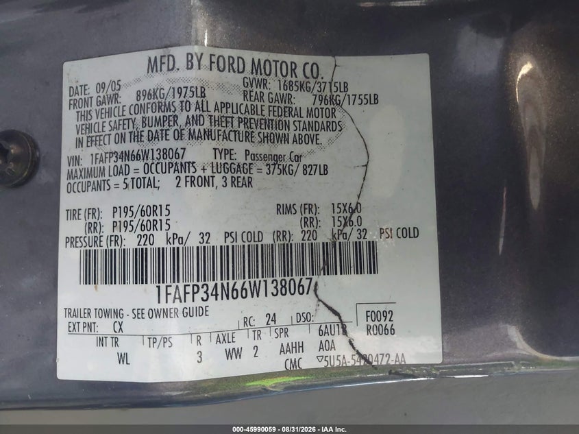 FORD FOCUS 2006 VIN 1FAFP34N66W138067