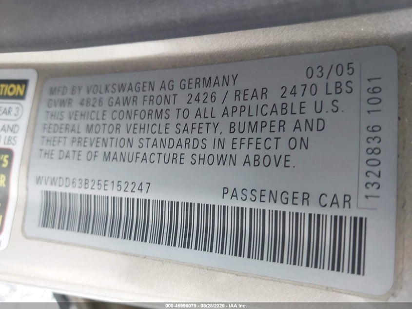VOLKSWAGEN PASSAT 2005 VIN WVWDD63B25E152247