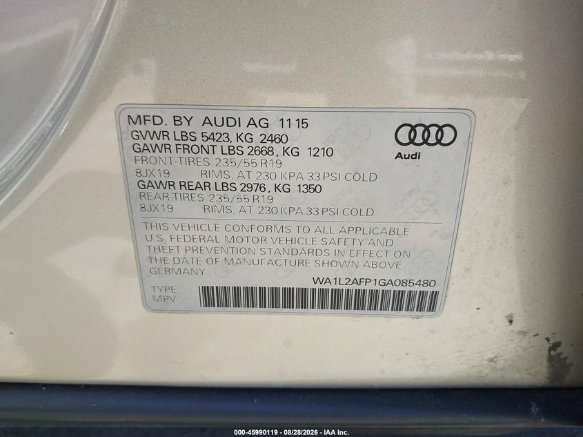 AUDI Q5 2016 VIN WA1L2AFP1GA085480