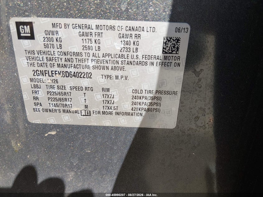 2013 CHEVROLET EQUINOX SPORT UTILITY VEHICLE 2.4L I-4 DI, DOHC, VVT, REGULAR , 182HP