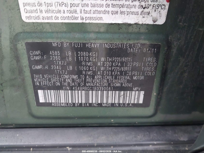 SUBARU OUTBACK 2011 VIN 4S4BRBGC1B3390081