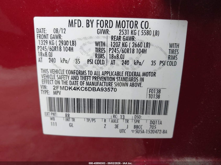 2013 FORD EDGE SPORT UTILITY VEHICLE 3.5L V-6 DOHC, VVT, 285HP
