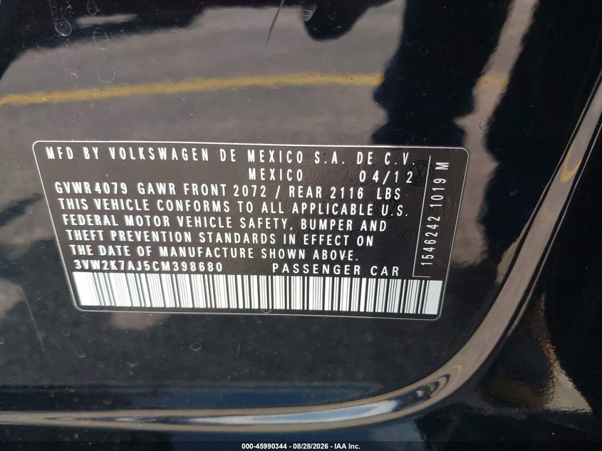 VOLKSWAGEN JETTA 2012 VIN 3VW2K7AJ5CM398680