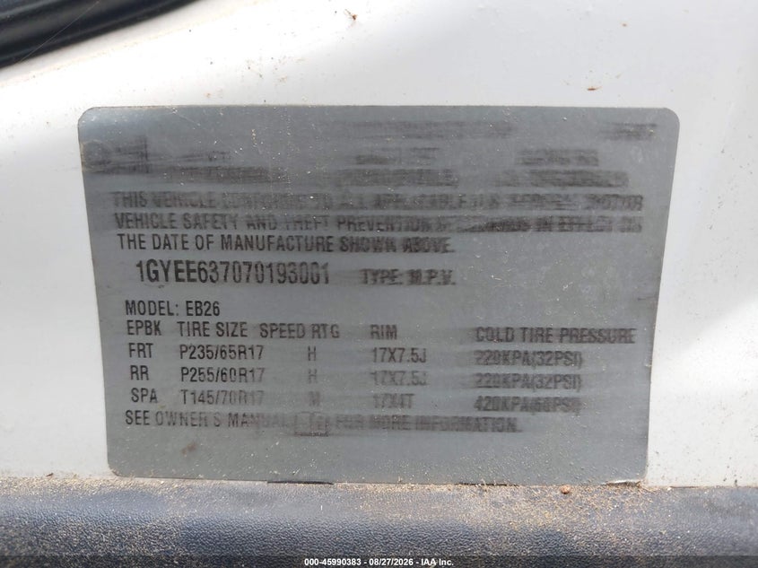 CADILLAC SRX 2007 VIN 1GYEE637070193001