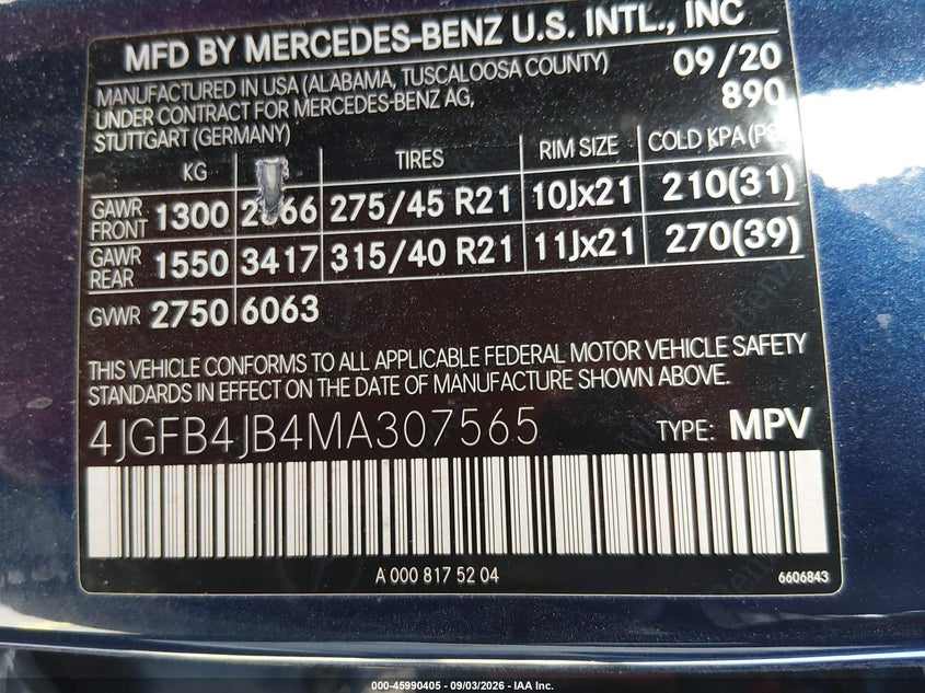 MERCEDES-BENZ GLE 350 2021 VIN 4JGFB4JB4MA307565