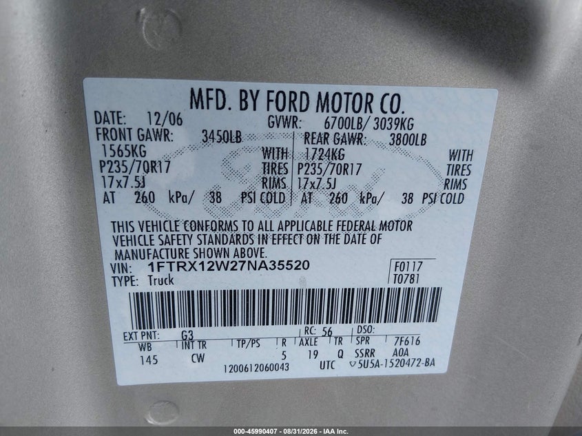 FORD F-150 2007 VIN 1FTRX12W27NA35520
