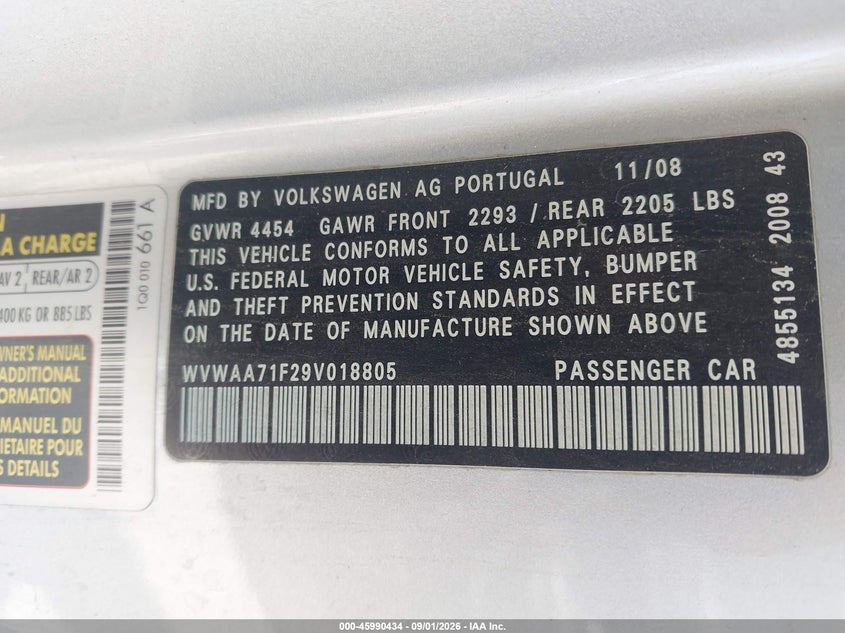 VOLKSWAGEN EOS 2009 VIN WVWAA71F29V018805