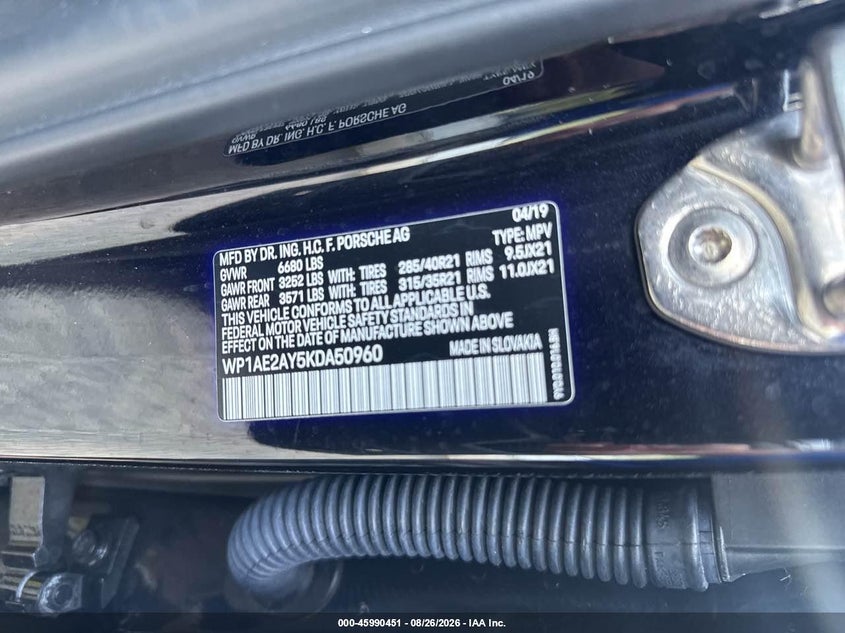 PORSCHE CAYENNE E-HYBRID 2019 VIN WP1AE2AY5KDA50960