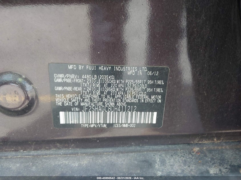 SUBARU FORESTER 2013 VIN JF2SHAGC8DH411212