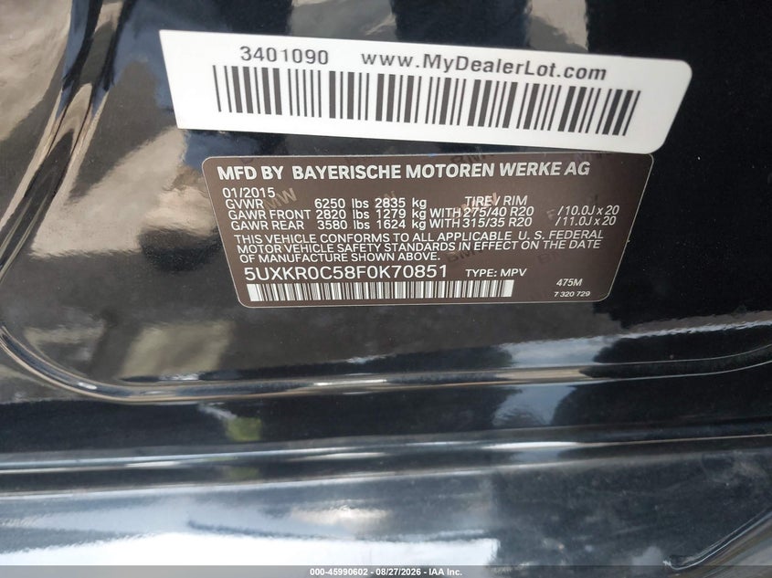 BMW X5 2015 VIN 5UXKR0C58F0K70851