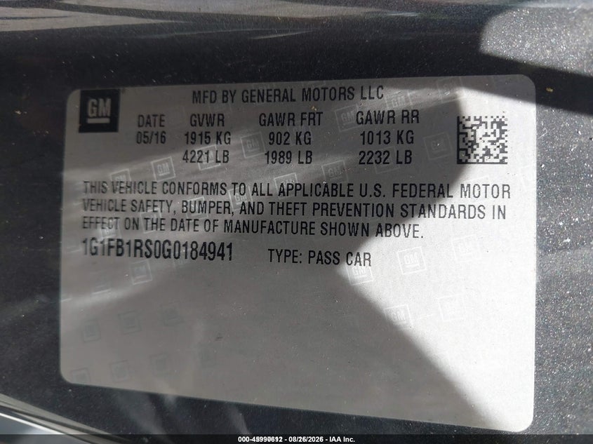 CHEVROLET CAMARO 2016 VIN 1G1FB1RS0G0184941