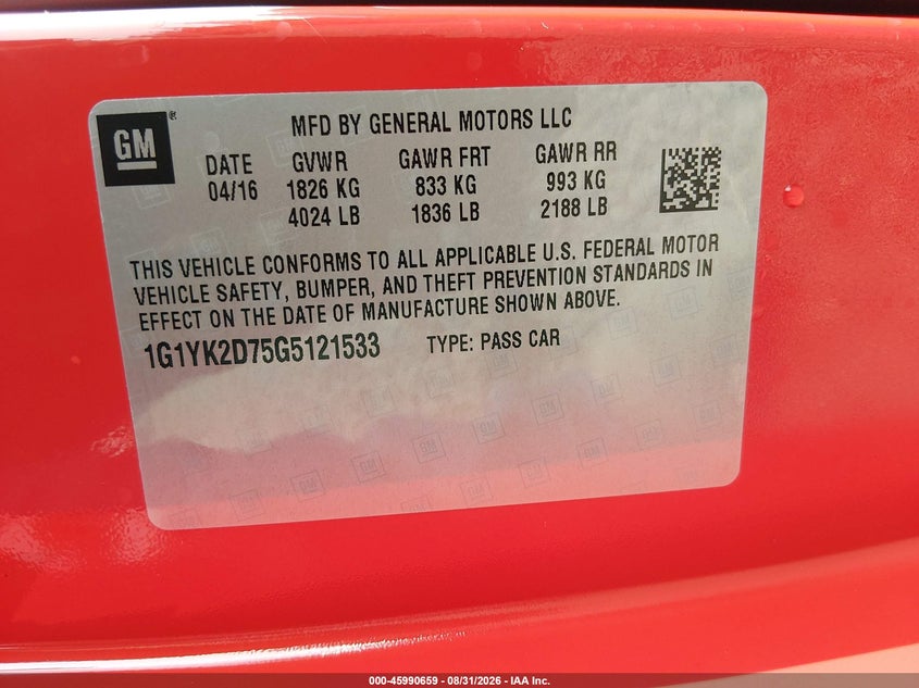 CHEVROLET CORVETTE 2016 VIN 1G1YK2D75G5121533
