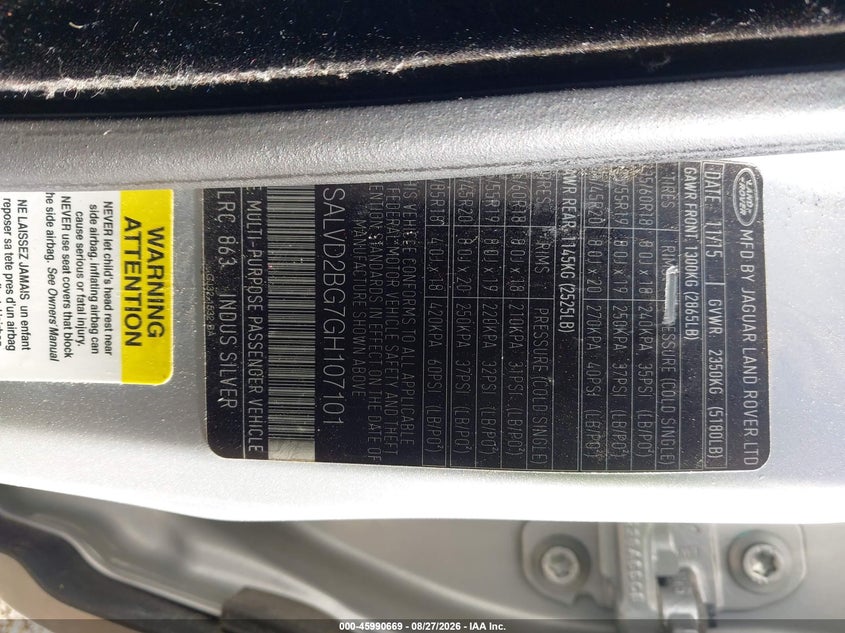LAND-ROVER RANGE ROVER EVOQUE 2016 VIN SALVD2BG7GH107101