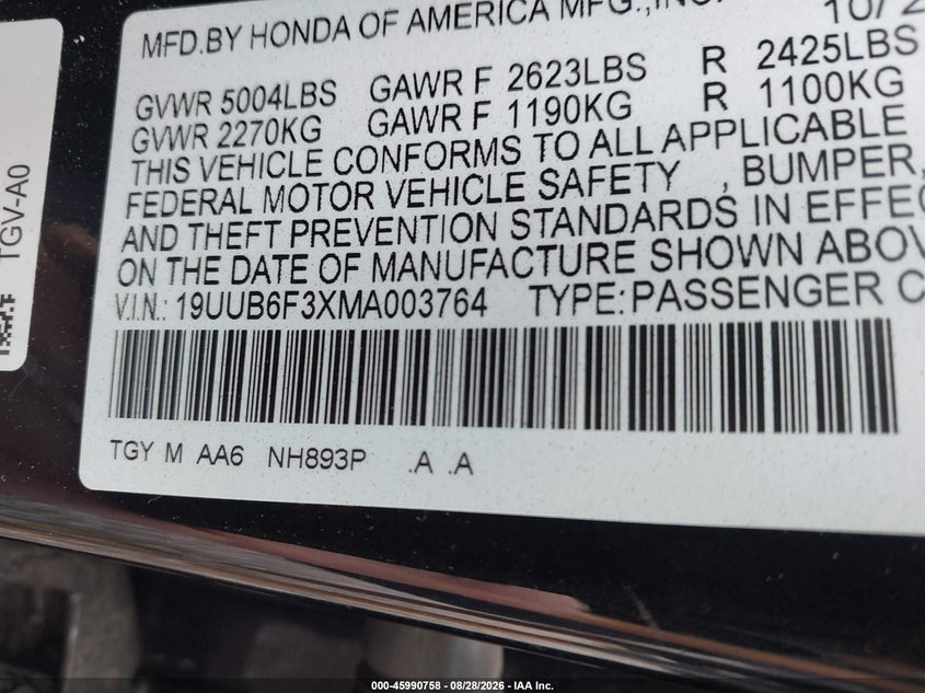 ACURA TLX 2021 VIN 19UUB6F3XMA003764