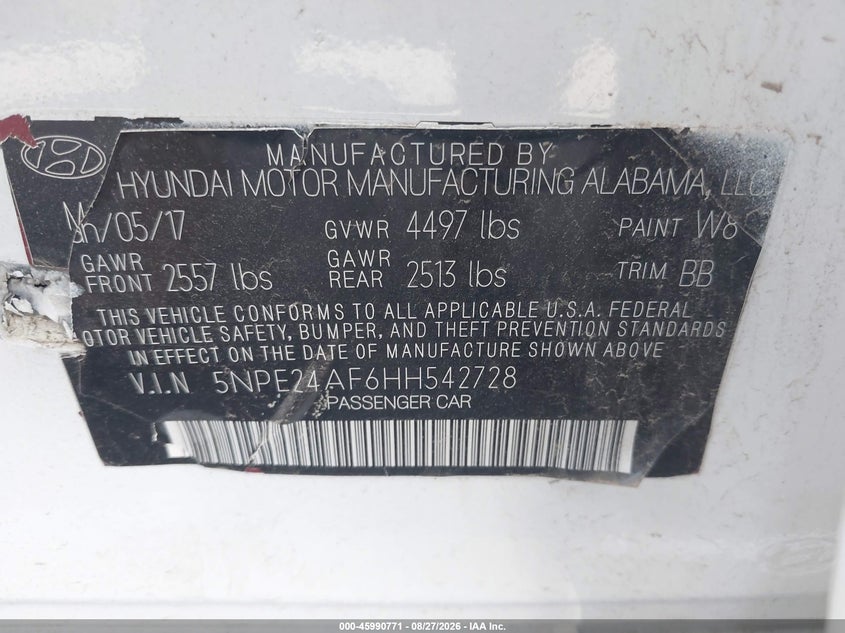 2017 HYUNDAI SONATA SEDAN 2.4L I-4 DI, DOHC, VVT, REGULAR , 185HP