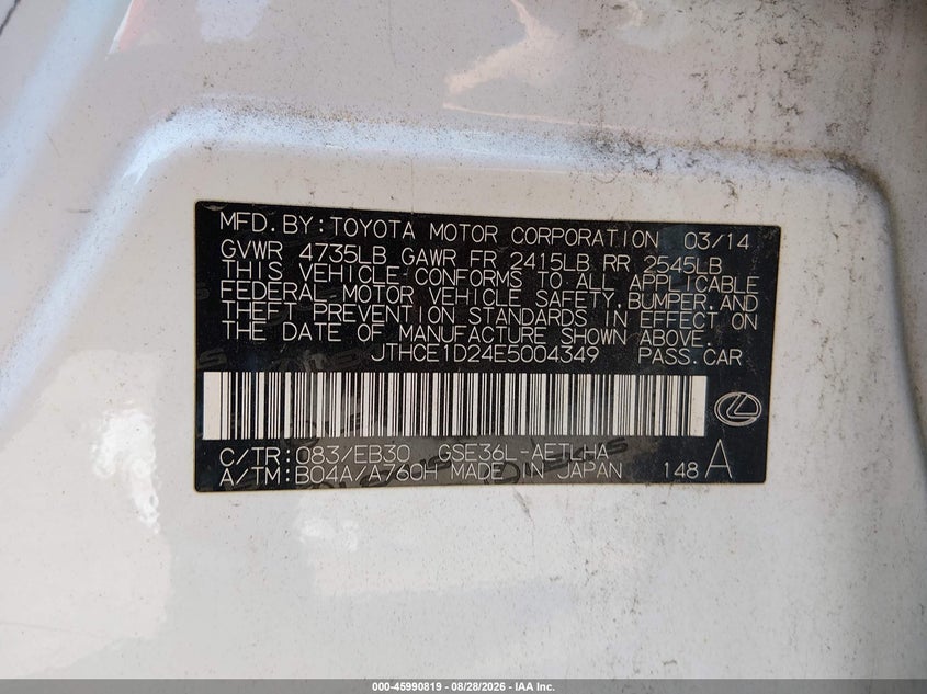 LEXUS IS 350 2014 VIN JTHCE1D24E5004349