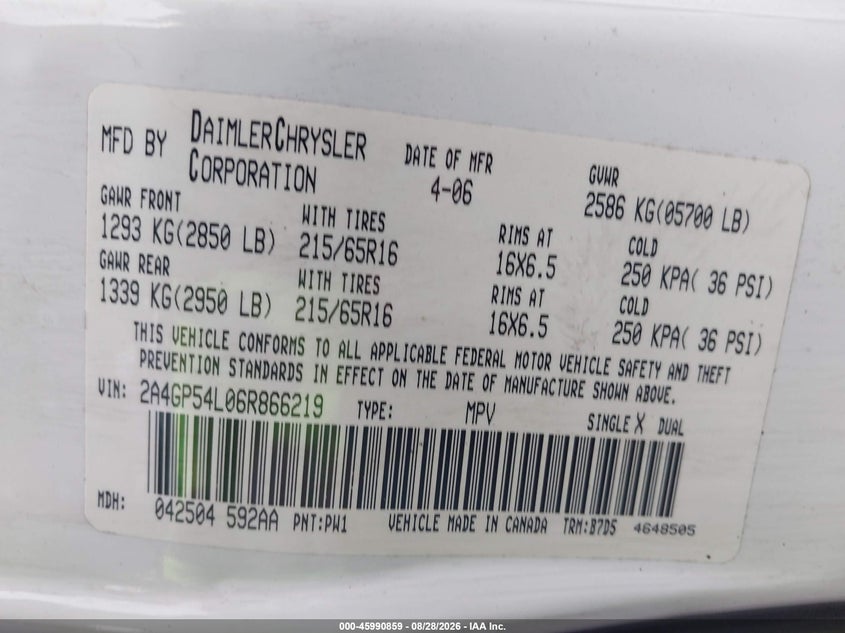 CHRYSLER TOWN & COUNTRY 2006 VIN 2A4GP54L06R866219