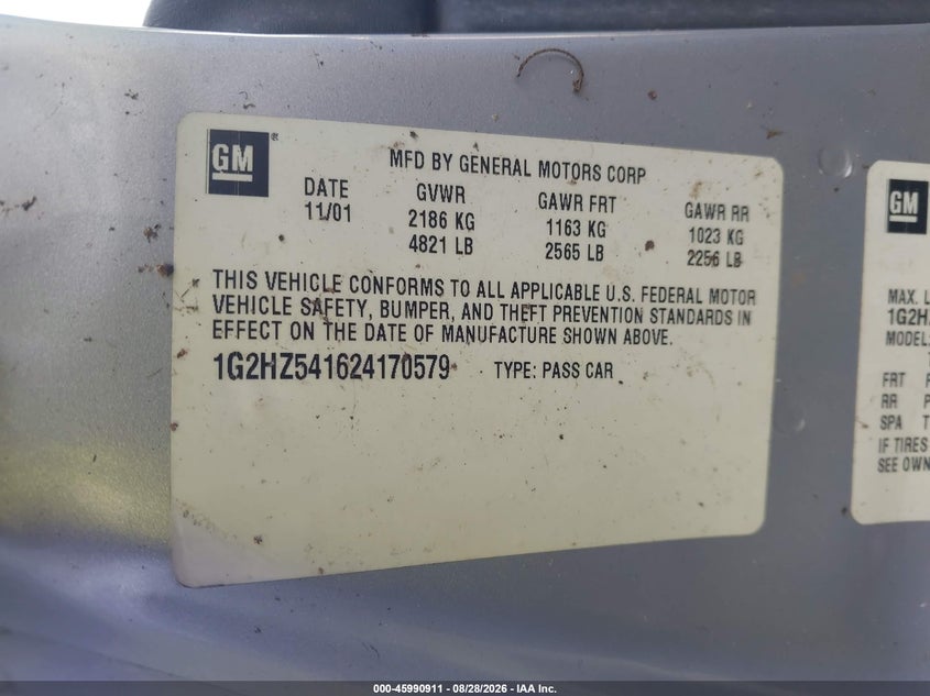 PONTIAC BONNEVILLE 2002 VIN 1G2HZ541624170579