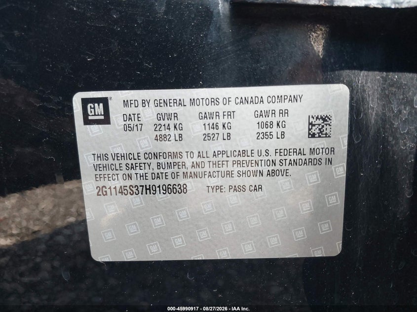 CHEVROLET IMPALA 2017 VIN 2G1145S37H9196638