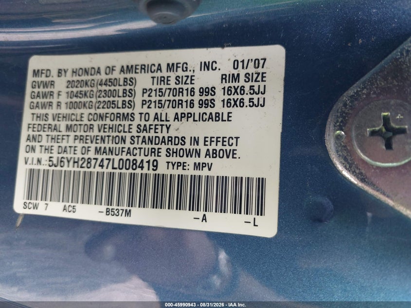 HONDA ELEMENT 2007 VIN 5J6YH28747L008419