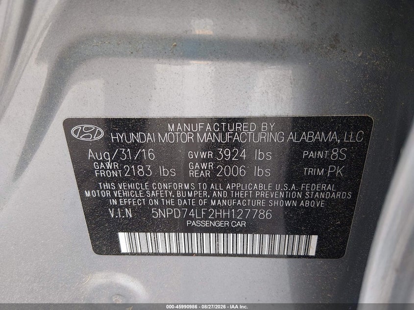 HYUNDAI ELANTRA 2017 VIN 5NPD74LF2HH127786