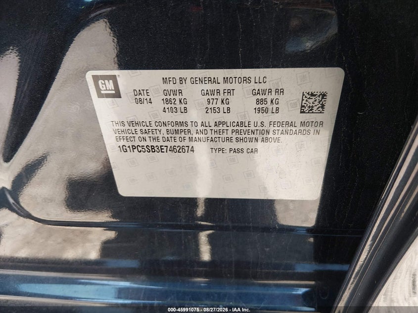 CHEVROLET CRUZE 2014 VIN 1G1PC5SB3E7462674