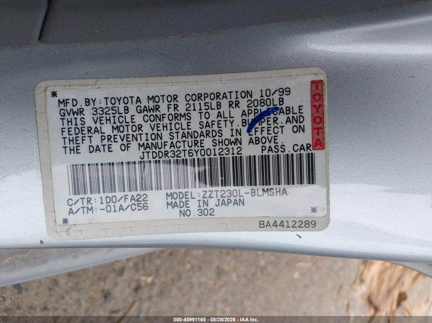 TOYOTA CELICA 2000 VIN JTDDR32T6Y0012312