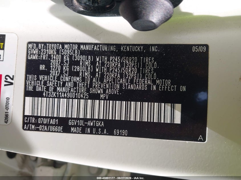 TOYOTA VENZA 2009 VIN 4T3ZK11A49U010425