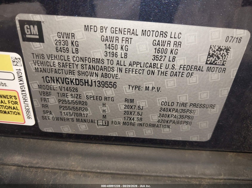 CHEVROLET TRAVERSE 2017 VIN 1GNKVGKD5HJ139556